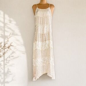 Vintage Cream Embroidered Tiered Satin Maxi Slip Dress S Sleeveless Cream Ivory